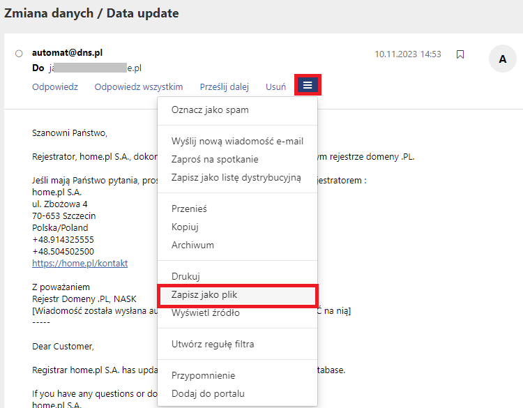 Jak zapisać wiadomość e-mail do pliku?